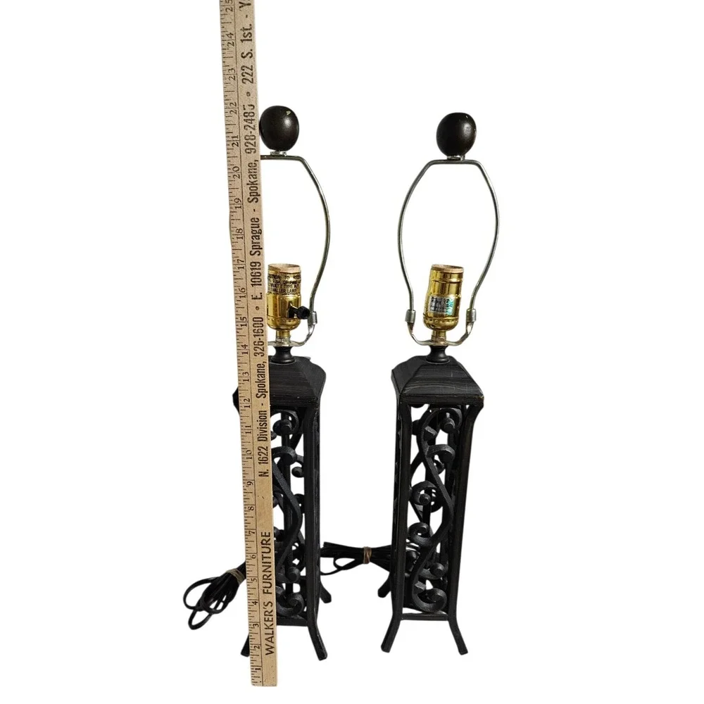 Pair Vintage Black Wrought Iron Table Lamps Gothic Spanish Revival Scrollwork